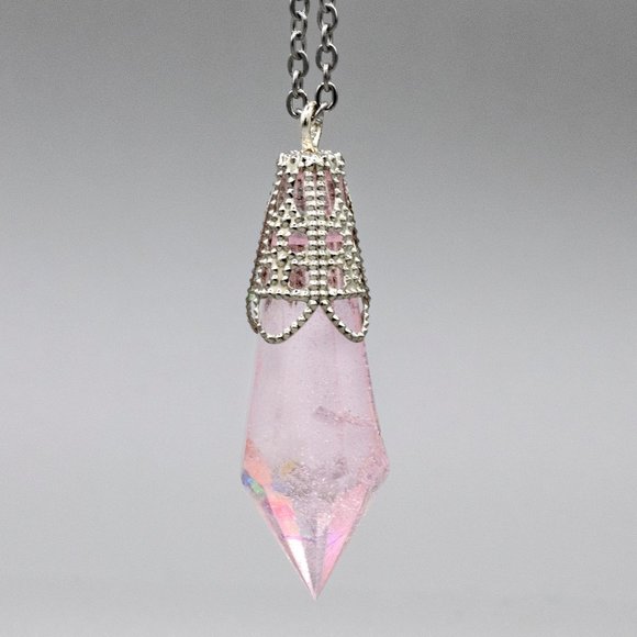 Hand Crafted Jewelry - Handmade Holographic Pink Resin "crystal" Necklace